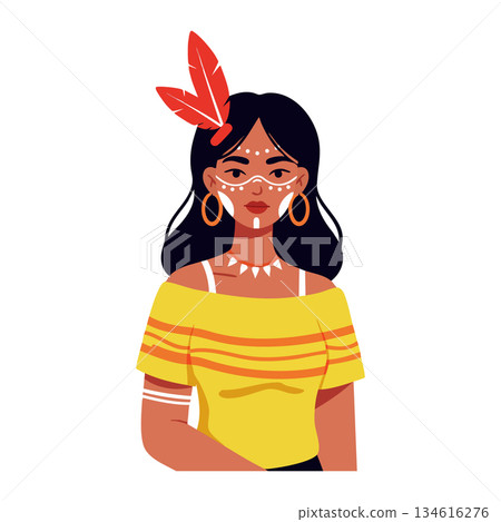 Woman with tribal face paint and feather accessory in yellow blouse vector illustration 134616276