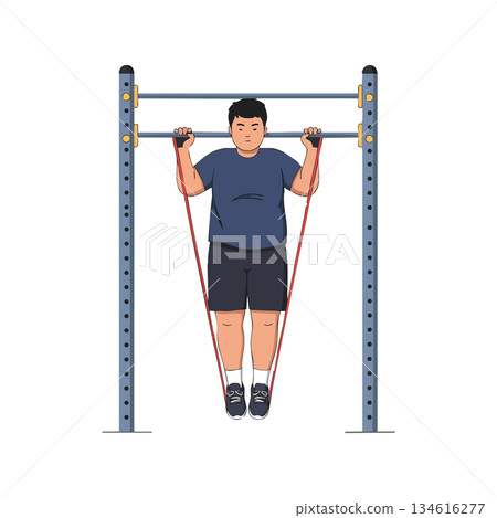 Overweight man exercising with resistance bands on pull-up bar in home gym vector illustration 134616277