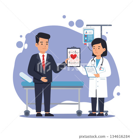 Doctor and Patient Discussing Heart Health Report in Medical Clinic Vector Illustration Doctor and Patient Discussing Heart Health Report in Medical Clinic Vector Illustration 134616284