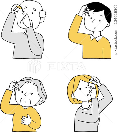 People pointing at eye drops set, monochrome People pointing at eye drops set, monochrome 134616503
