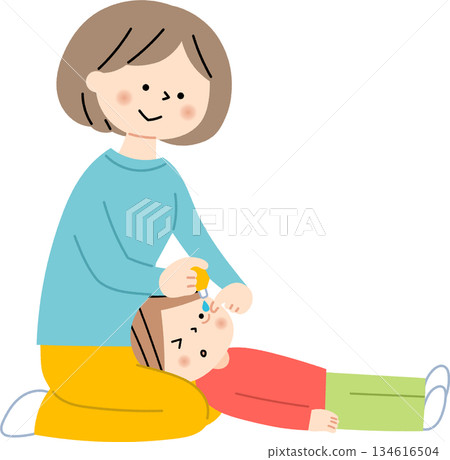 Mother giving eye drops to her child Mother giving eye drops to her child 134616504