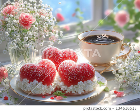 Miniature red velvet cake and black coffee 134616515