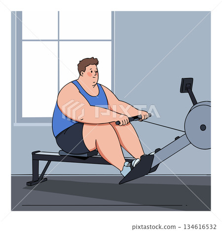 Overweight man exercising on rowing machine indoor fitness workout vector illustration 134616532