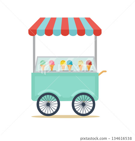 Ice cream cart with colorful striped canopy and variety of cones vector illustration Ice cream cart with colorful striped canopy and variety of cones vector illustration 134616538