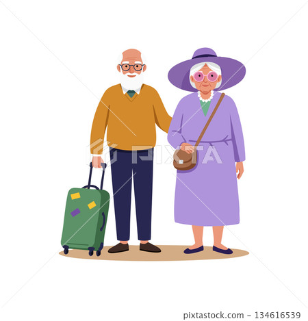 Elderly couple traveling with suitcase wearing autumn clothes vector illustration 134616539