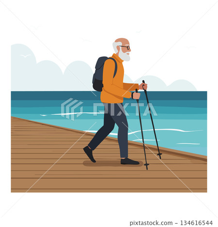 Elderly man hiking on seaside boardwalk with backpack and walking sticks vector illustration 134616544