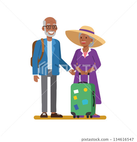 Elderly couple traveling with luggage and backpacks smiling together vector illustration 134616547