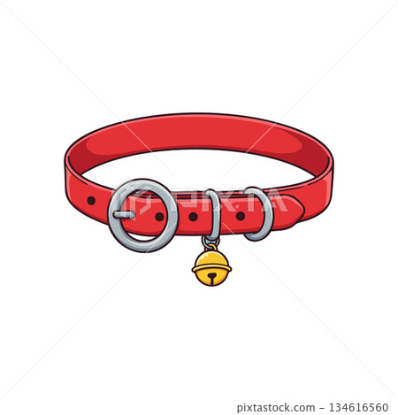 Red leather pet collar with silver buckle and yellow bell vector illustration Red leather pet collar with silver buckle and yellow bell vector illustration 134616560