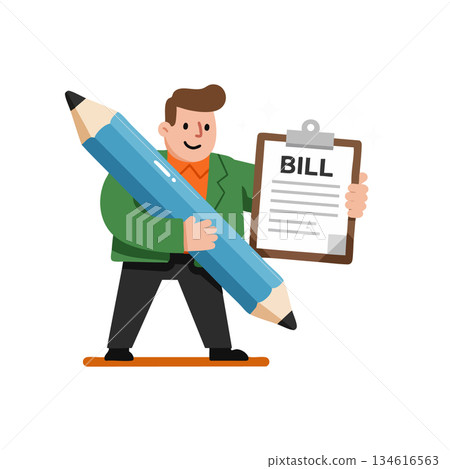 Man holding large blue pencil and clipboard with bill document illustration vector Man holding large blue pencil and clipboard with bill document illustration vector 134616563