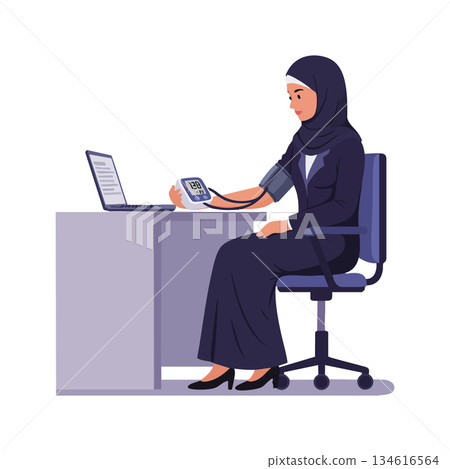 Woman in hijab measuring blood pressure with digital monitor at desk vector illustration 134616564