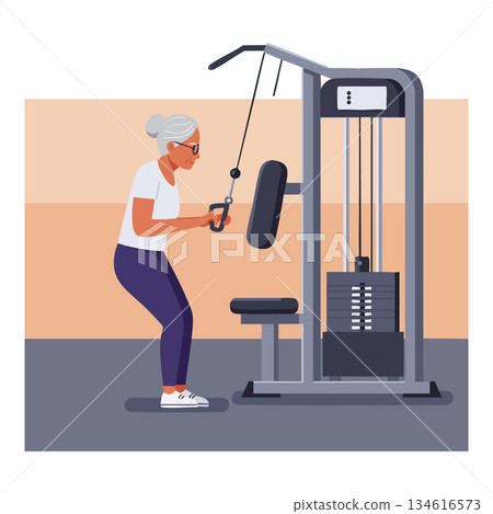 Senior woman exercising with cable machine in gym fitness workout vector illustration Senior woman exercising with cable machine in gym fitness workout vector illustration 134616573