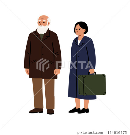 Elderly man and woman standing with suitcase in winter coats vector illustration Elderly man and woman standing with suitcase in winter coats vector illustration 134616575