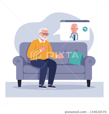 Elderly man having video call consultation with doctor on couch in home setting 134616578