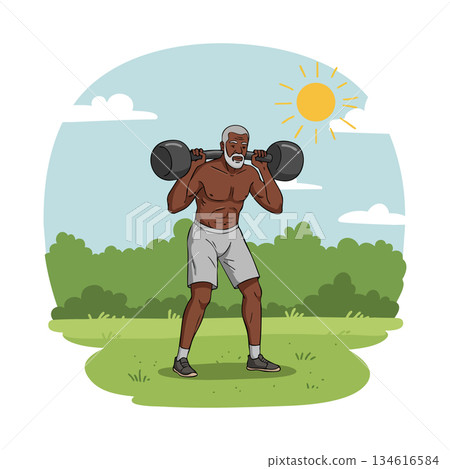 Muscular senior man lifting barbell outdoors in sunny weather fitness exercise 134616584