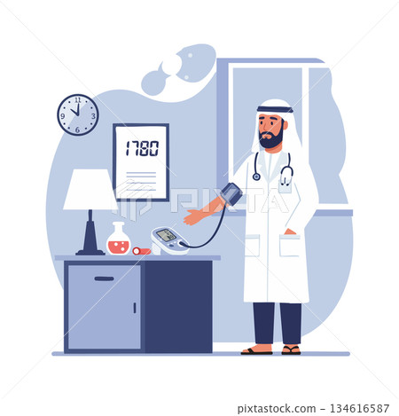 Male Arab Doctor Measuring Blood Pressure in Clinic with Medical Equipment Vector Illustration 134616587
