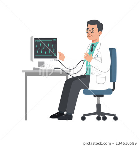 Male doctor analyzing heart rate monitor in medical office vector illustration Male doctor analyzing heart rate monitor in medical office vector illustration 134616589