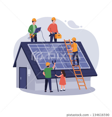 Solar Panel Installation Team Working on Residential House Roof with Ladder and Tools Vector Illustration 134616590