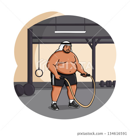 Overweight man exercising with battle ropes in gym vector illustration 134616591