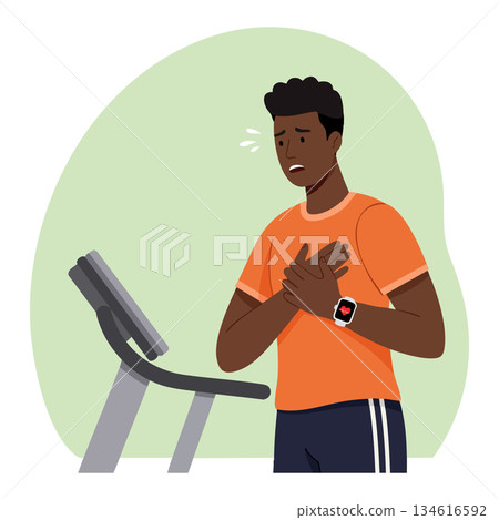 Man Experiencing Chest Pain While Running on Treadmill Health Concern Vector Illustration 134616592