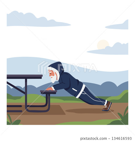 Elderly man doing incline push ups using park bench outdoor exercise routine 134616593