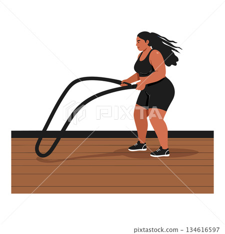 Woman exercising with battle ropes on wooden floor fitness workout vector illustration Woman exercising with battle ropes on wooden floor fitness workout vector illustration 134616597