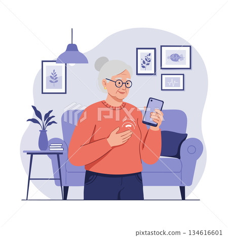 Elderly Woman Using Smartphone in Living Room with Modern Decor and Casual Clothing Elderly Woman Using Smartphone in Living Room with Modern Decor and Casual Clothing 134616601