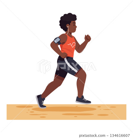 Runner jogging in orange tank top and black shorts on sandy path vector illustration 134616607