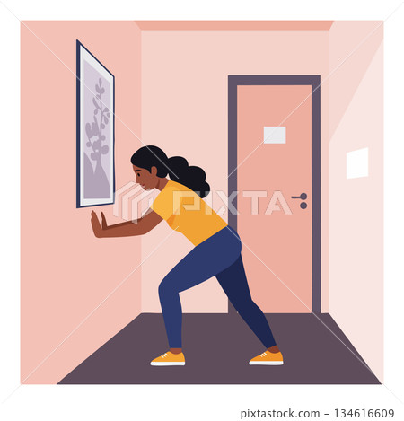Woman Doing Wall Stretch Exercise Indoors in Casual Outfit Vector Illustration Woman Doing Wall Stretch Exercise Indoors in Casual Outfit Vector Illustration 134616609