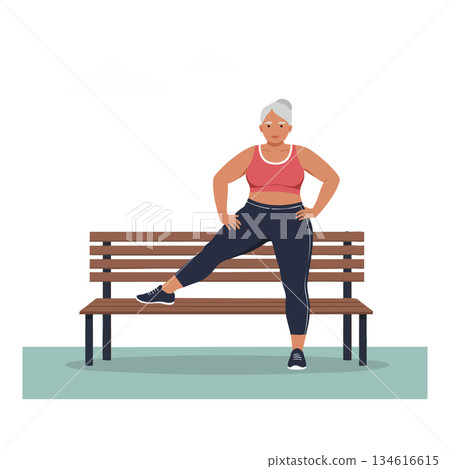 Middle aged woman exercising stretching leg on park bench with sport clothes vector illustration Middle aged woman exercising stretching leg on park bench with sport clothes vector illustration 134616615