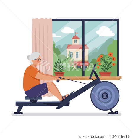 Senior woman exercising on rowing machine indoors with scenic window view vector 134616616