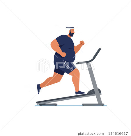 Man running on treadmill exercising indoors with blue sportswear and headband for fitness Man running on treadmill exercising indoors with blue sportswear and headband for fitness 134616617