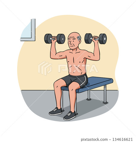 Elderly man lifting dumbbells seated on bench exercising indoors fitness routine Elderly man lifting dumbbells seated on bench exercising indoors fitness routine 134616621