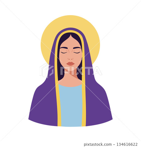 Woman wearing purple veil with golden halo vector illustration in simple style 134616622
