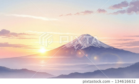 新年水彩插畫，描繪了富士山和第一道陽光 134616632