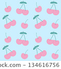 淺藍色背景，上面有粉紅色櫻桃組成的心形圖案 134616756