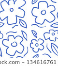 藍色花朵和自由線條塗鴉圖案 134616761