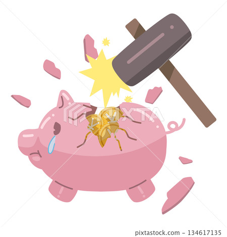 圖：一個裝有帶有“en”標記硬幣的存錢筒被錘子砸碎 134617135