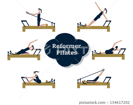 一組女性在普拉提器材上進行各種姿勢的插圖 一組女性在普拉提器材上進行各種姿勢的插圖 134617202