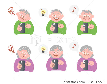 Illustration set of elderly people who are having trouble, solving problems, or having fun using a smartphone 134617225