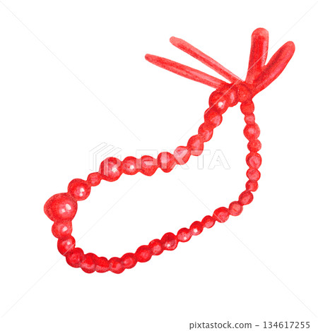Red beads on a ribbon. Hand-drawn watercolor illustration, cartoon style. Design for cards, invitations, prints on paper or textiles. Holiday, decoration, girl, costume 134617255