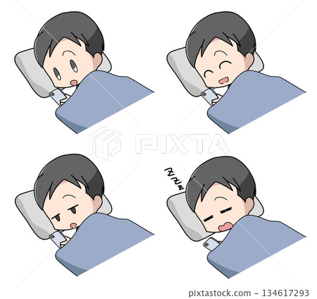 一組四幅插圖,描繪了一個男人在睡夢中操作智慧型手機的場景。 一組四幅插圖,描繪了一個男人在睡夢中操作智慧型手機的場景。 134617293