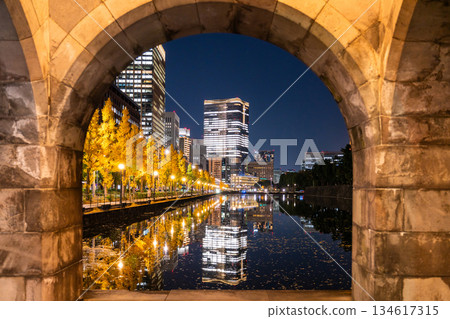 東京：丸之內夜景倒映在護城河中 134617315