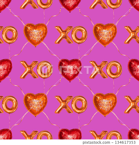 Foil XO letter and heart shaped balloon seamless pattern for Valentine Day. Hand drawn holiday element in red and gold on magenta background. Ideal for wrapping paper or romantic festive party design. Foil XO letter and heart shaped balloon seamless pattern for Valentine Day. Hand drawn holiday element in red and gold on magenta background. Ideal for wrapping paper or romantic festive party design. 134617353