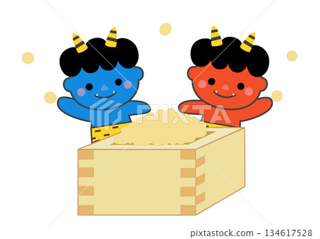 Cute demons throwing beans for Setsubun Cute demons throwing beans for Setsubun 134617528