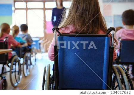 Disabled Children in Wheelchairs Participating in Classroom Activity with Teacher Leading Engagement 134617682