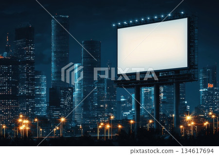 Large Blank Billboard in Night Cityscape with Modern Skyscrapers and Urban Lights 134617694