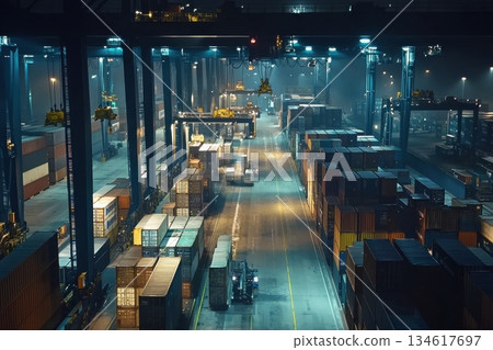 Shipping Port at Sunrise Filled with Towering Cargo Containers and Cranes in Operation Shipping Port at Sunrise Filled with Towering Cargo Containers and Cranes in Operation 134617697