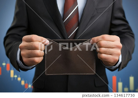 Businessman Holding an Empty Wallet Against a Financial Chart Background 134617730
