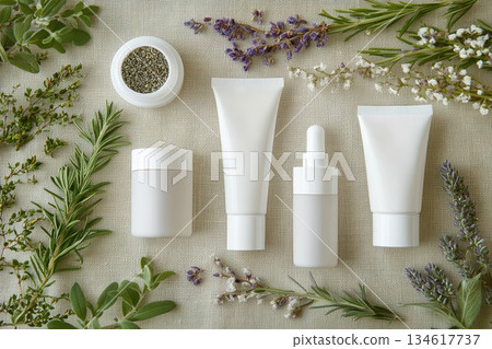 Elegant Arrangement of White Cosmetic Tubes on Natural Linen Background 134617737