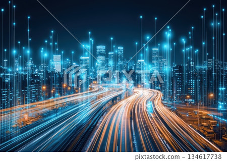 Hyper-realistic data visual over a glowing highway in a bustling cityscape at night Hyper-realistic data visual over a glowing highway in a bustling cityscape at night 134617738